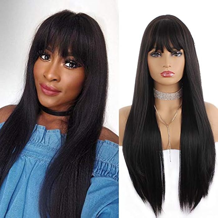 DILLARDS Relas Dark Brown Wig With Bangs #4 For Women Long Straight Heat-Resistant Synthetic Hair Wig Costume Party Daily Wear 24Inch - Image 1